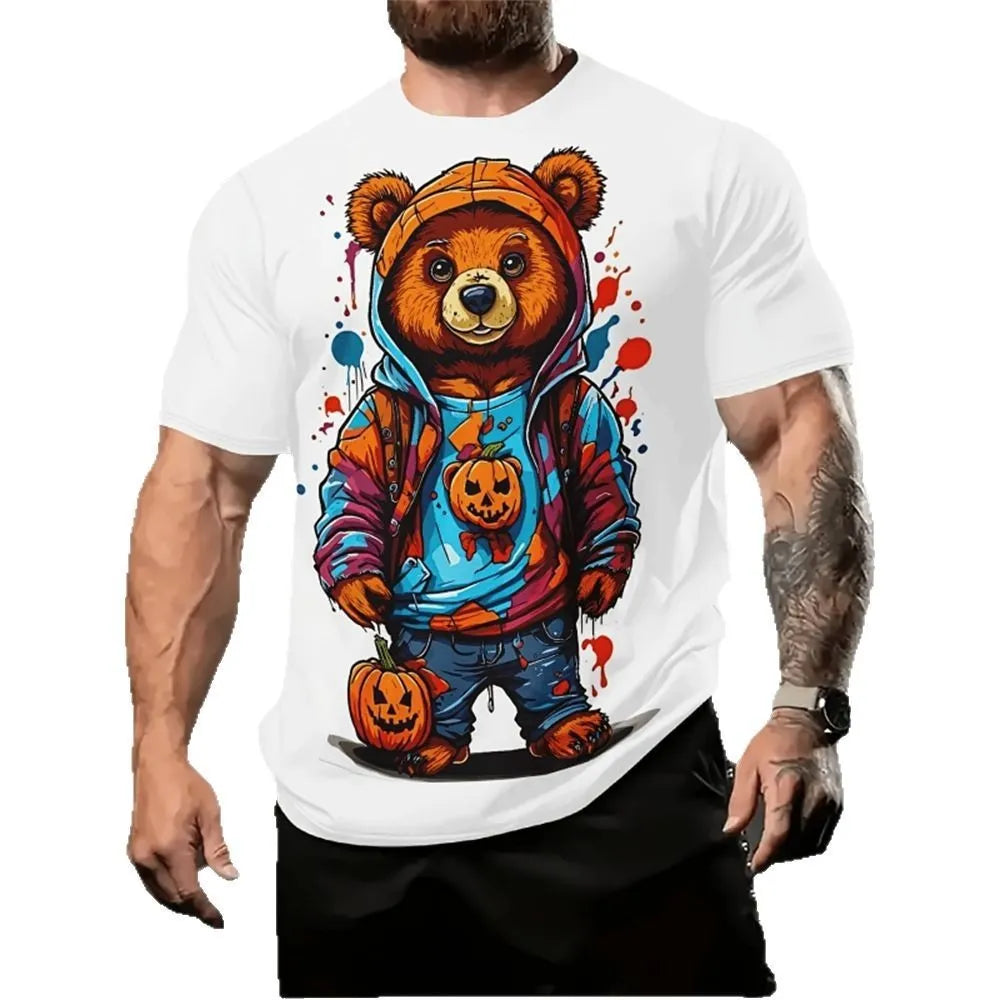 Men's loose short sleeve pullover with 3D cartoon print in thin milk silk and linen fabric for summer casual wear