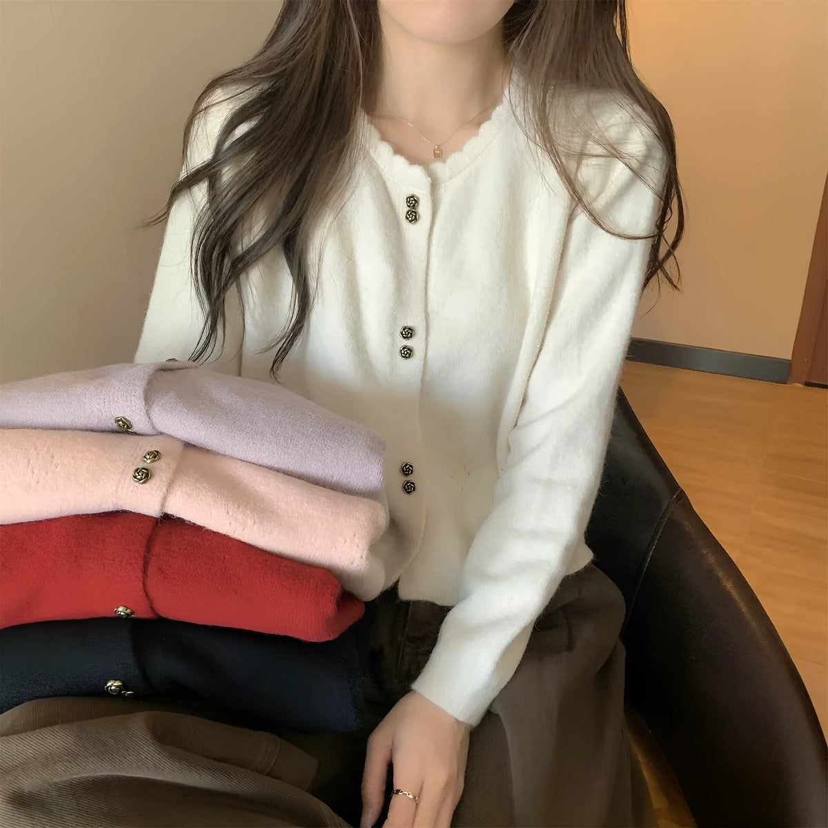 Women's long-sleeved acrylic cardigan coat in free size available in five colours
