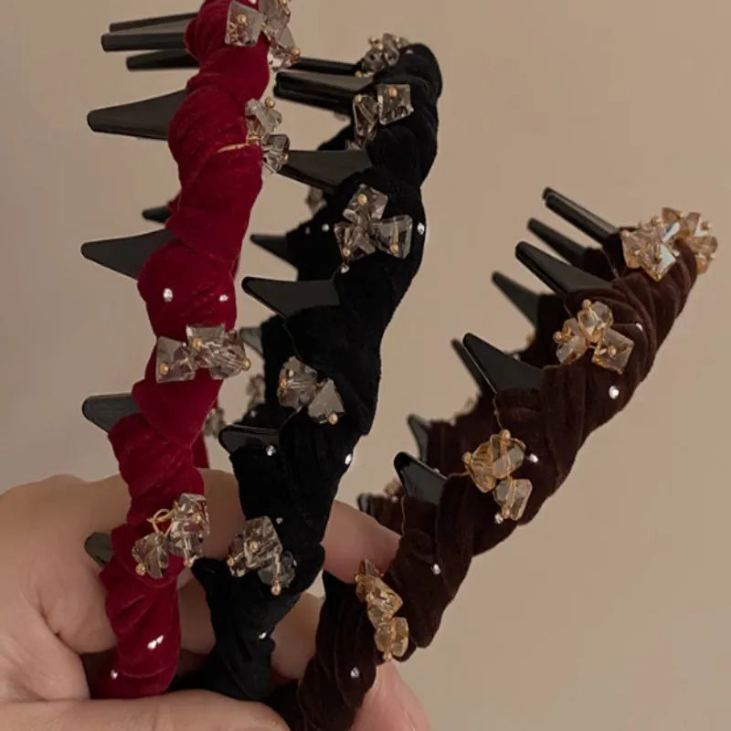 Non-slip velvet hairband with crystal wave design in wine red colour holding hair away from face