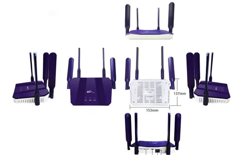 Blue 4G dual mode wireless router with four external antennas on a desk.