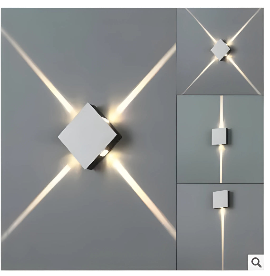 Modern square or round LED aluminium wall light with iron shade showing warm white illumination