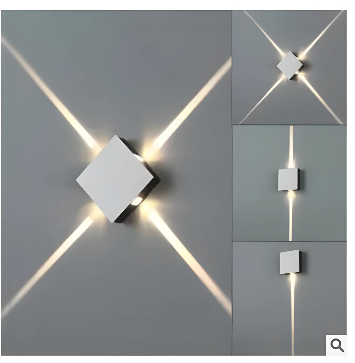 Modern square or round LED aluminium wall light with iron shade showing warm white illumination