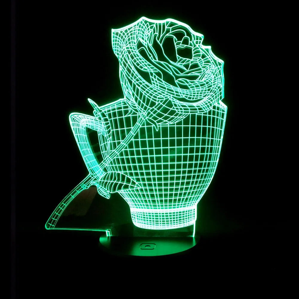 3D rose flower night light with acrylic design and ABS base showing colour changing options