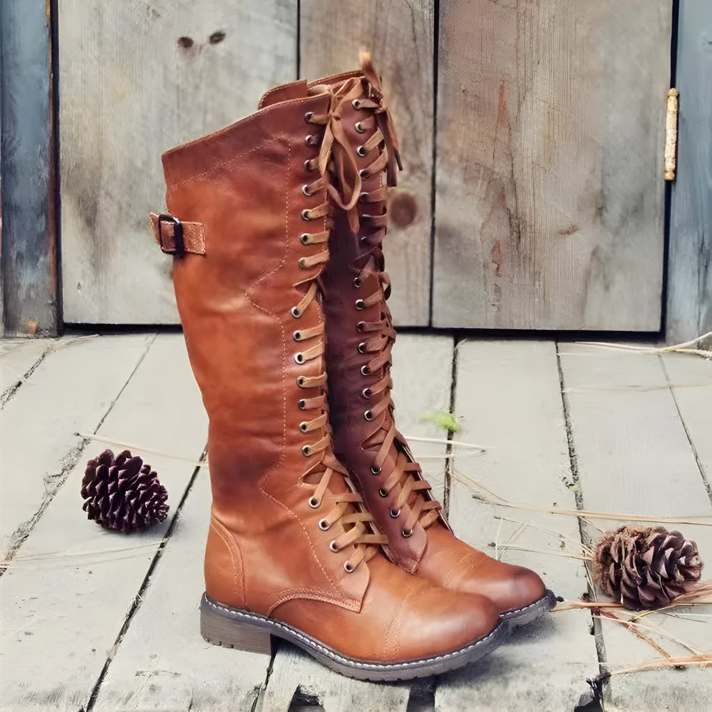 Women's chunky heel high leg boot in solid colour with round toe and low heel design