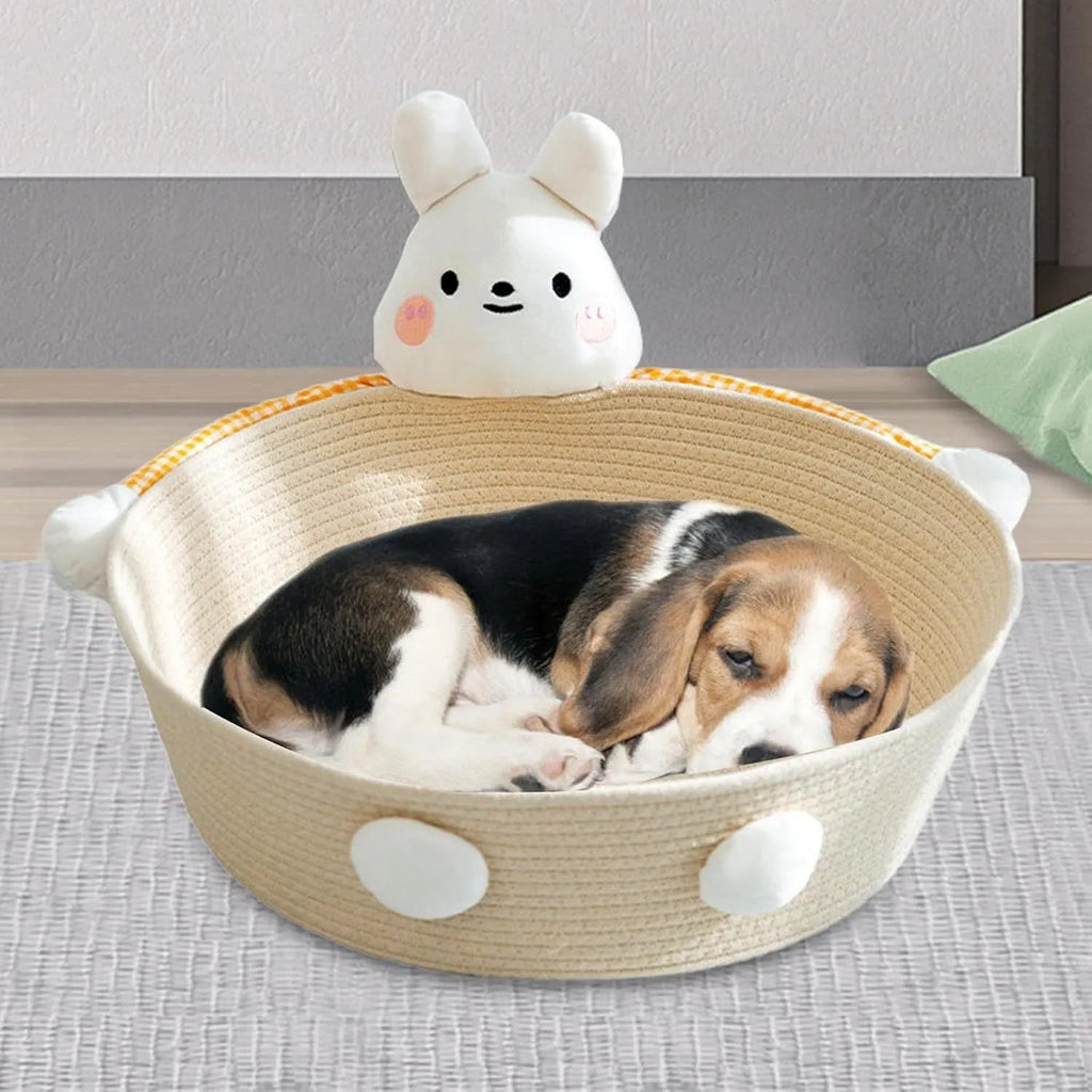 Woven cotton rope cat bed and scratcher basket in bear design, showing textured surface.
