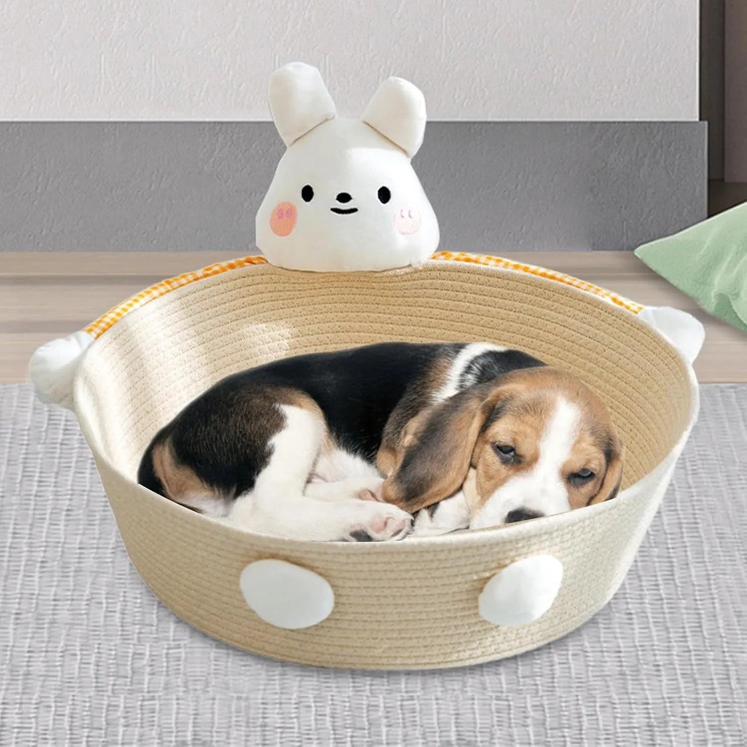 Woven cotton rope cat bed and scratcher basket in bear design, showing textured surface.
