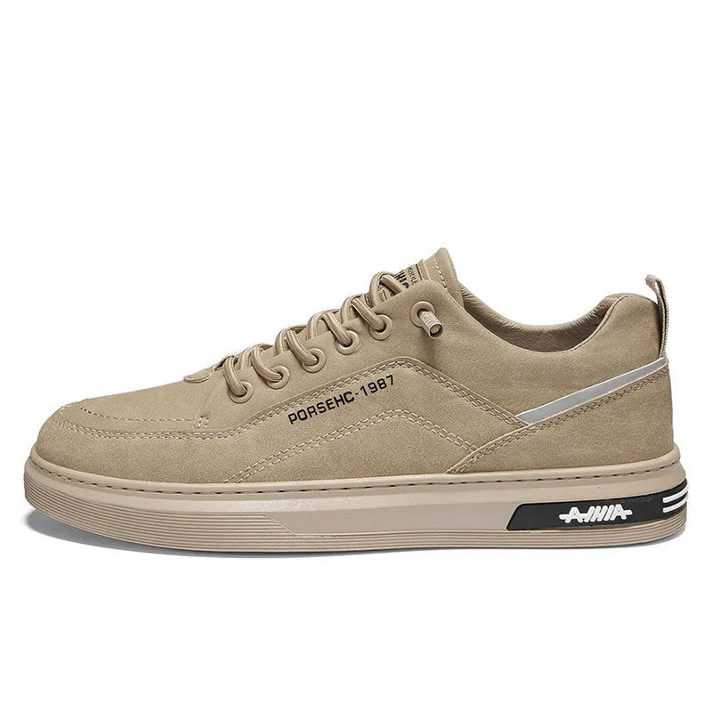 Men's low-top casual sneakers in khaki with round toe and rubber sole.
