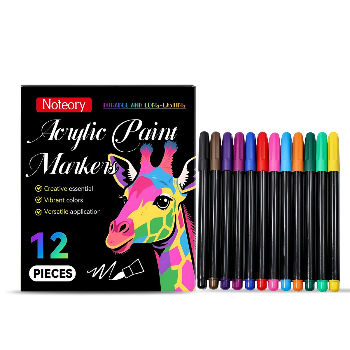 Set of 12 acrylic paint markers with opaque ink for multiple surfaces including glass, metal, wood and plastic