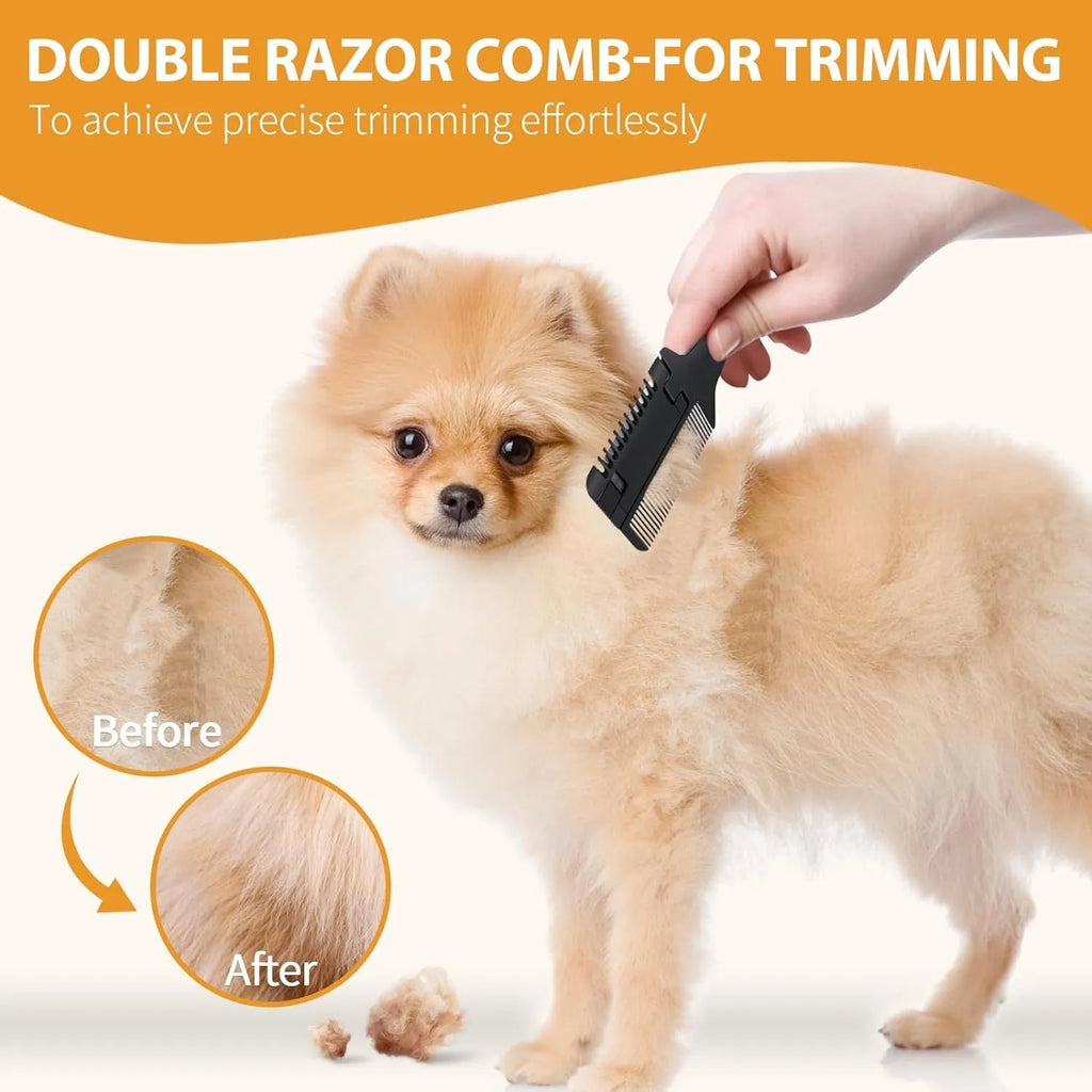 A silver and black 2-in-1 razor comb and brush for grooming dogs and cats, shown with replacement blades.