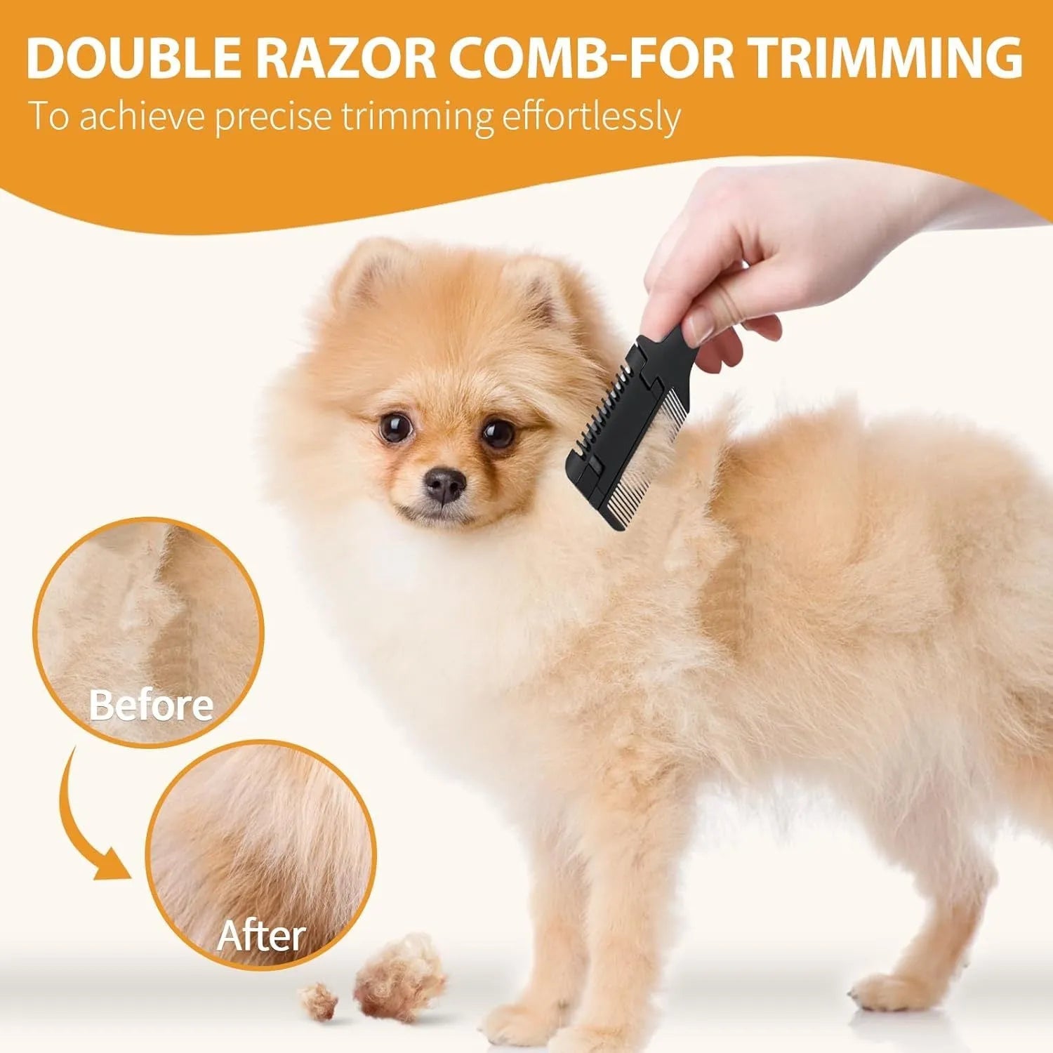 A silver and black 2-in-1 razor comb and brush for grooming dogs and cats, shown with replacement blades.