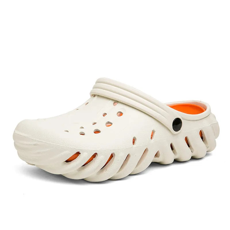 Men's beige EVA slippers with hollow out design and round toe, showing non-slip sole