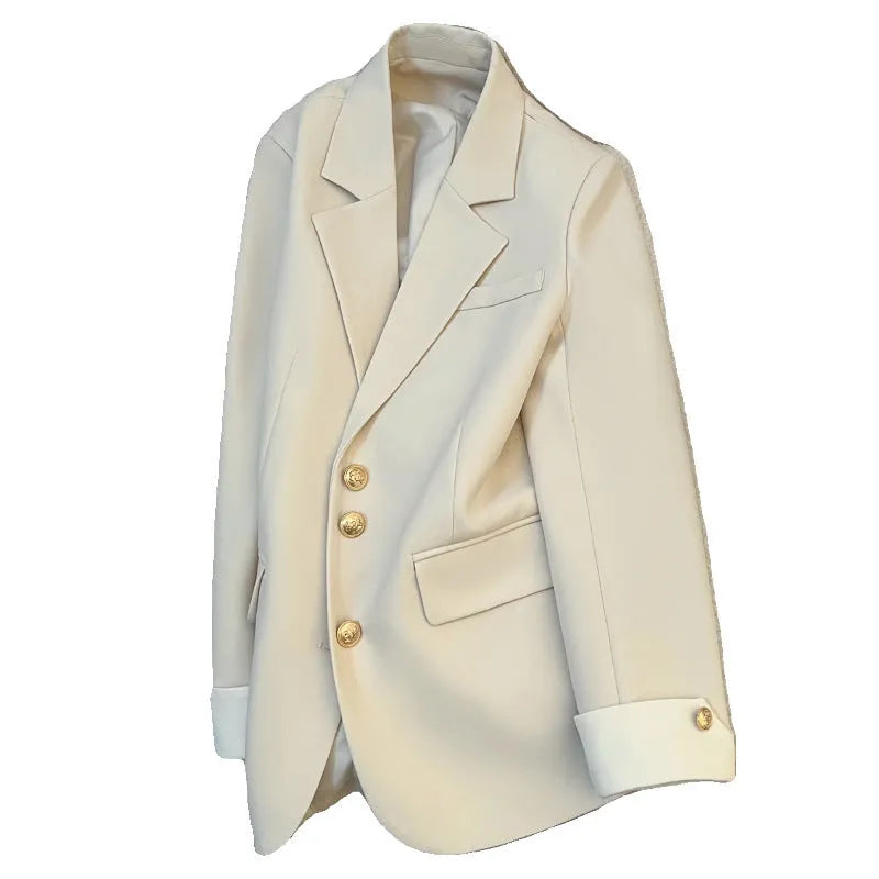 Korean style women's loose fit coat in milky white or black polyester with long sleeves and pockets