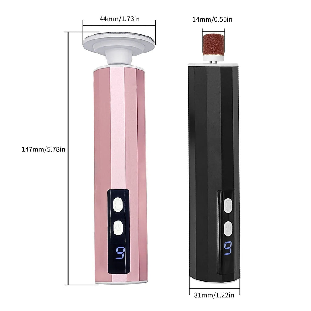 USB-powered electric callus remover tool with assorted sanding discs in pink, black, or purple colour.