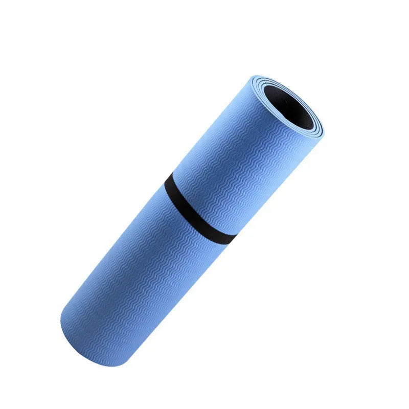 Blue conductive yoga mat with plants pattern, showing grounding wire and 182cm x 61cm x 5mm dimensions.