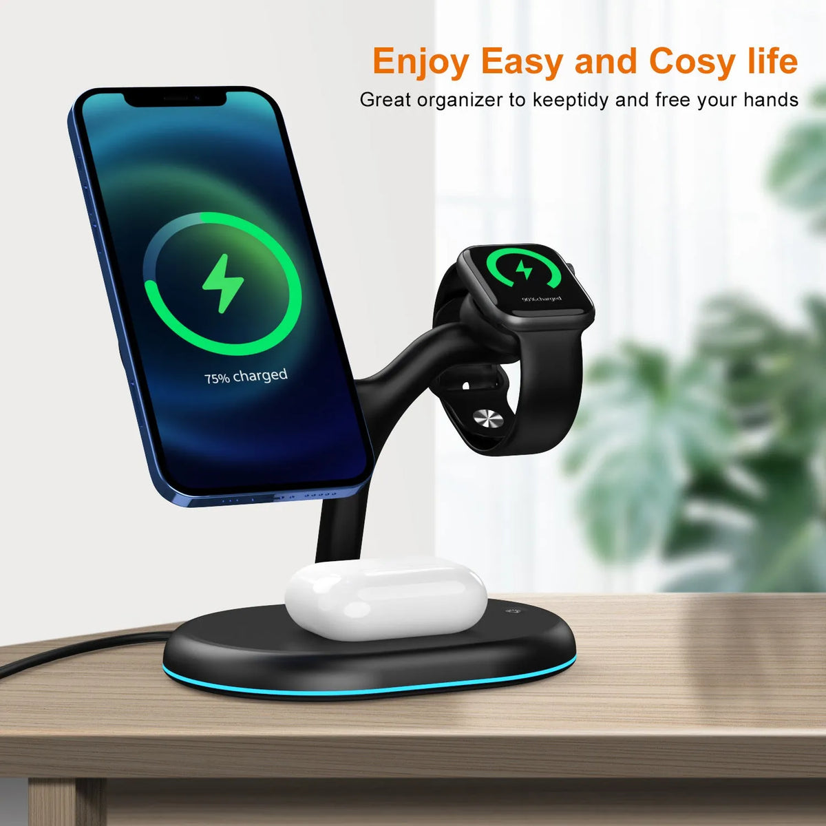 Black magnetic wireless charger with power bank and phone stand functions