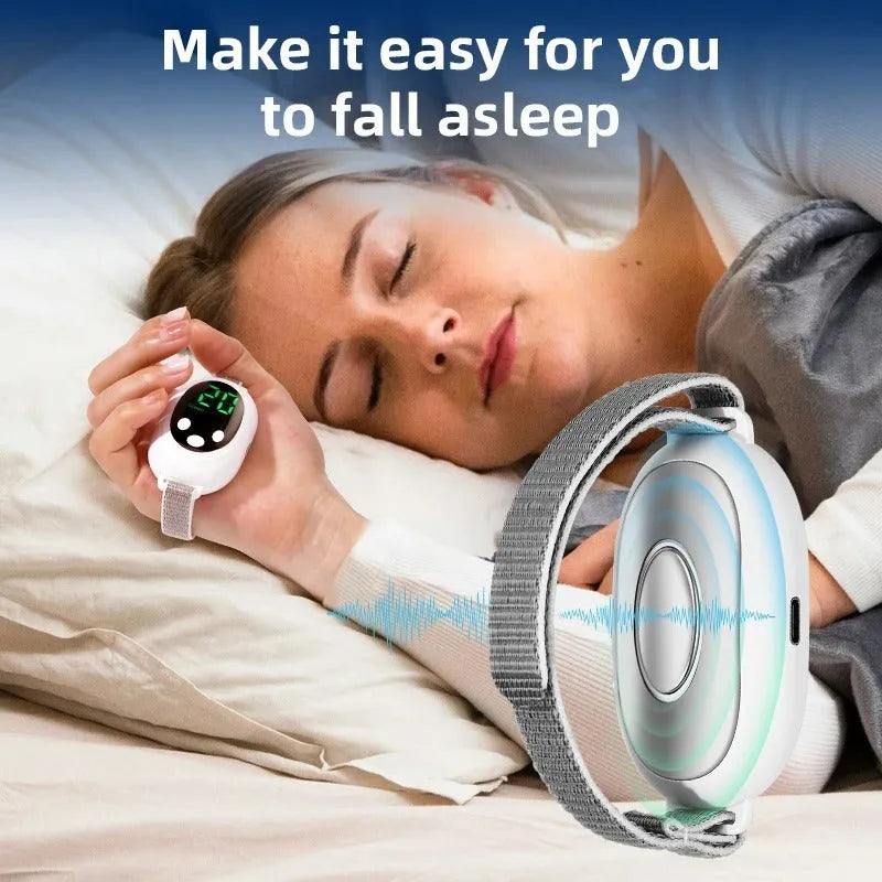 White handheld USB-powered sleep aid instrument with remote control and adjustable intensity settings.