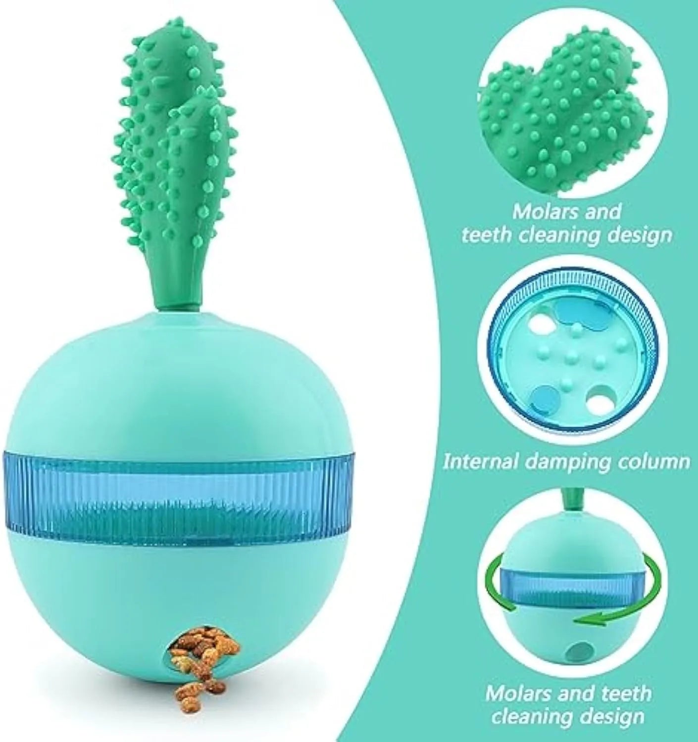 Blue or green durable rubber interactive dog puzzle toy ball with treat dispensing holes for medium and large dogs