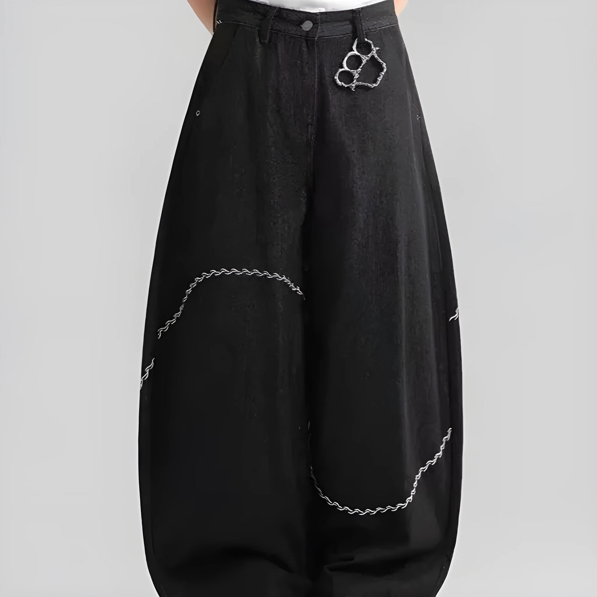 Black straight-leg trousers with mid waist and zip placket closure in polyester denim fabric