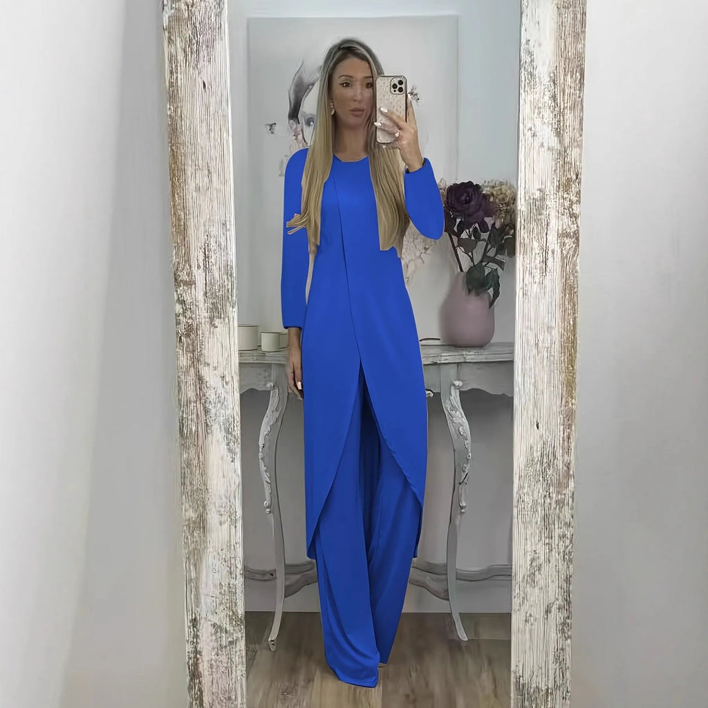 Women's black polyester long sleeve two-piece lounge set with loose fit round neck top and trousers