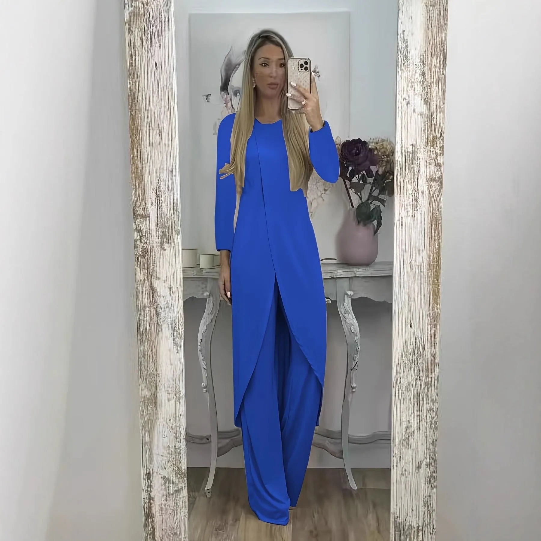 Women's black polyester long sleeve two-piece lounge set with loose fit round neck top and trousers