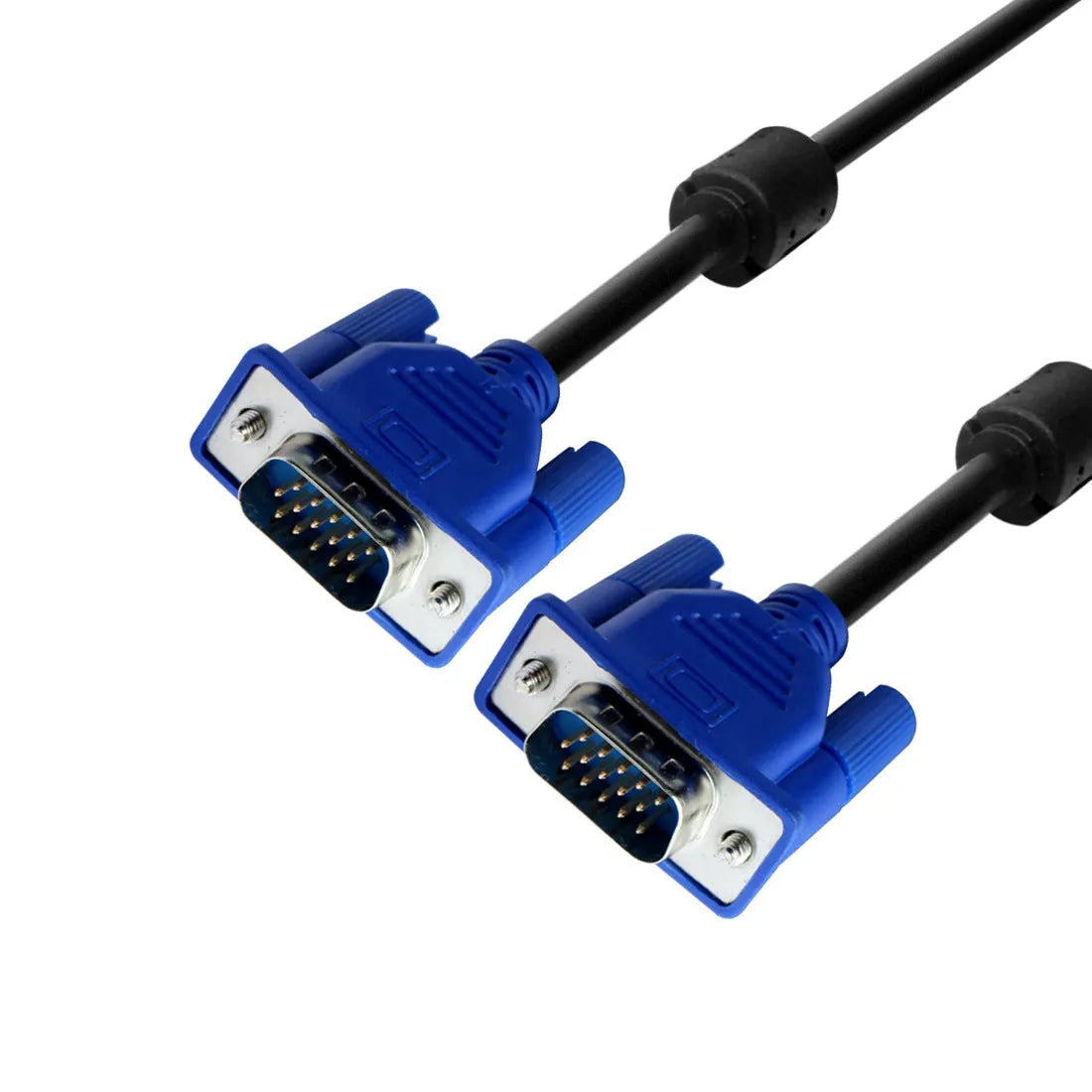 Black VGA cable with blue moulded connectors, 1.5 metres long, for connecting a computer to a monitor or TV.