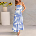 Long striped backless square neck summer dress with side pockets shown in multiple colour options.