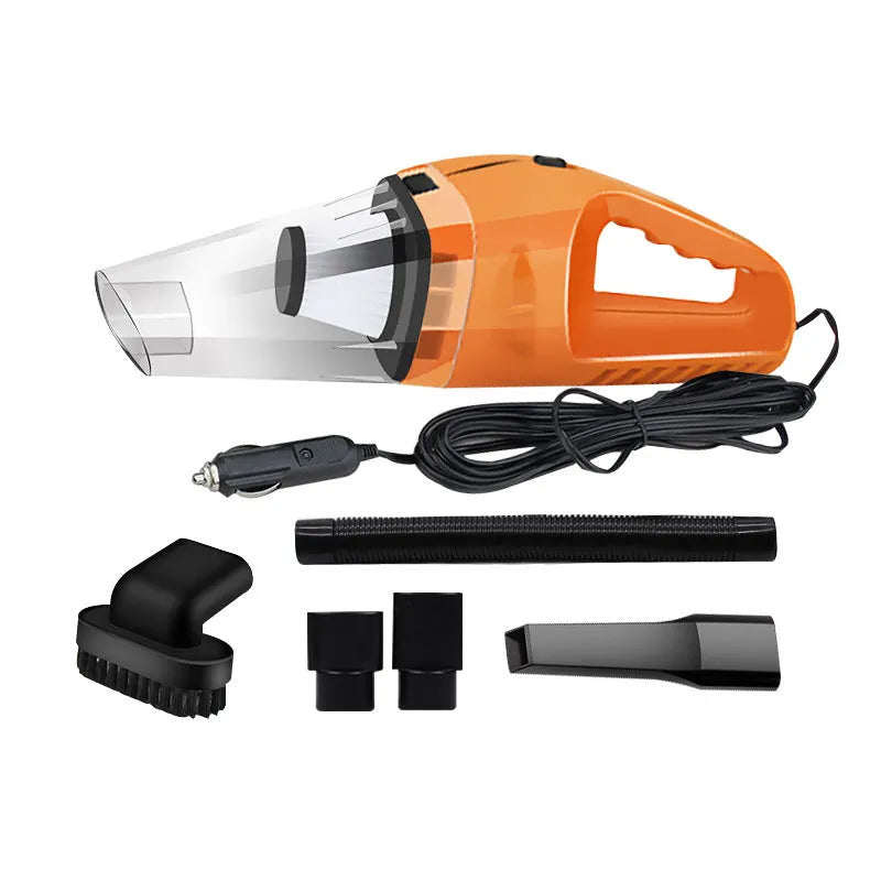 Orange, black, and blue coloured 12V portable handheld car vacuum cleaner with nozzles and power cord.