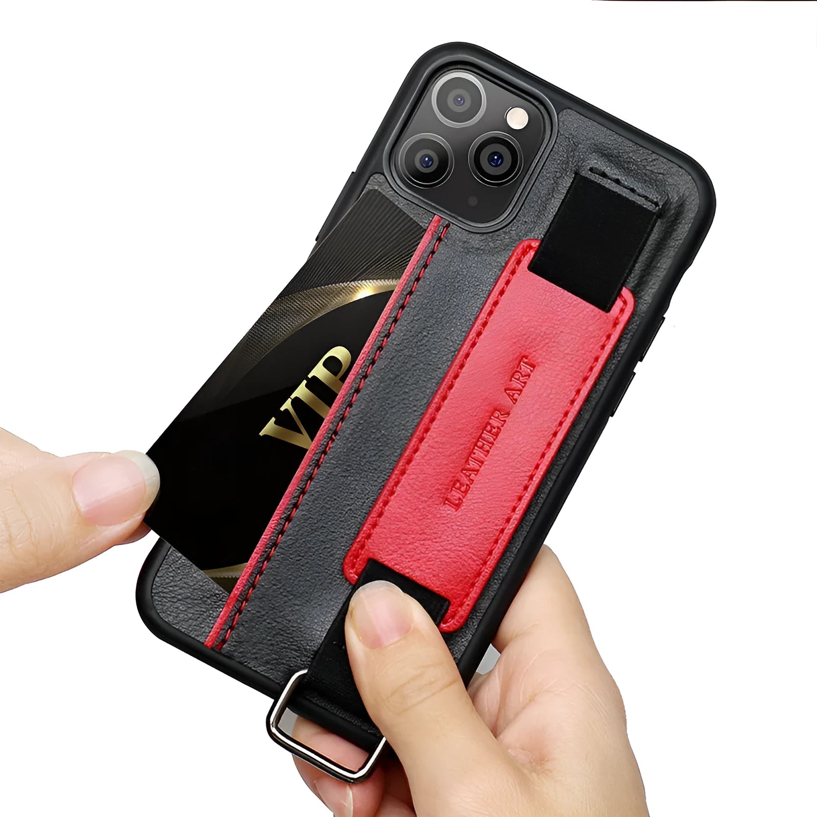 Brown imitation leather iPhone wallet case with a built-in adjustable wrist strap, shown fitted to a phone.