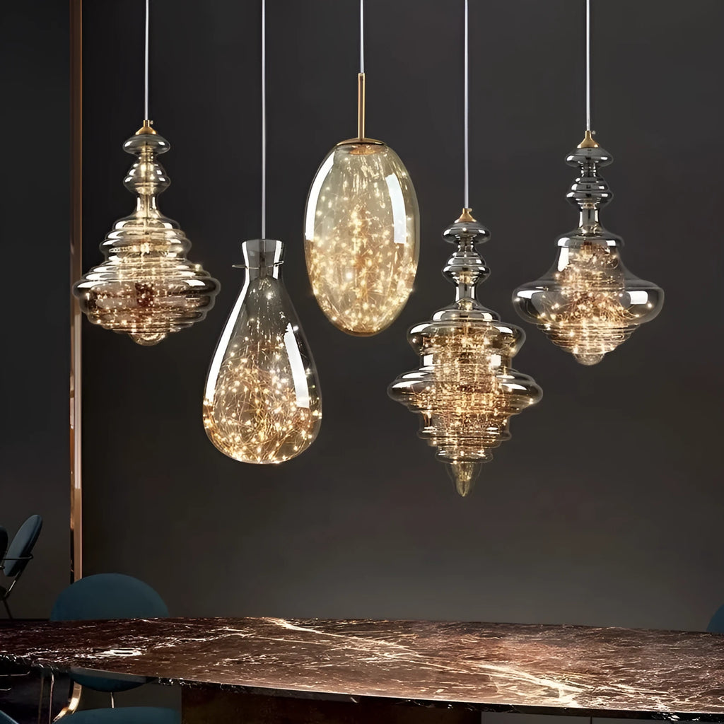 Modern glass chandelier ceiling light with adjustable drop showing remote control