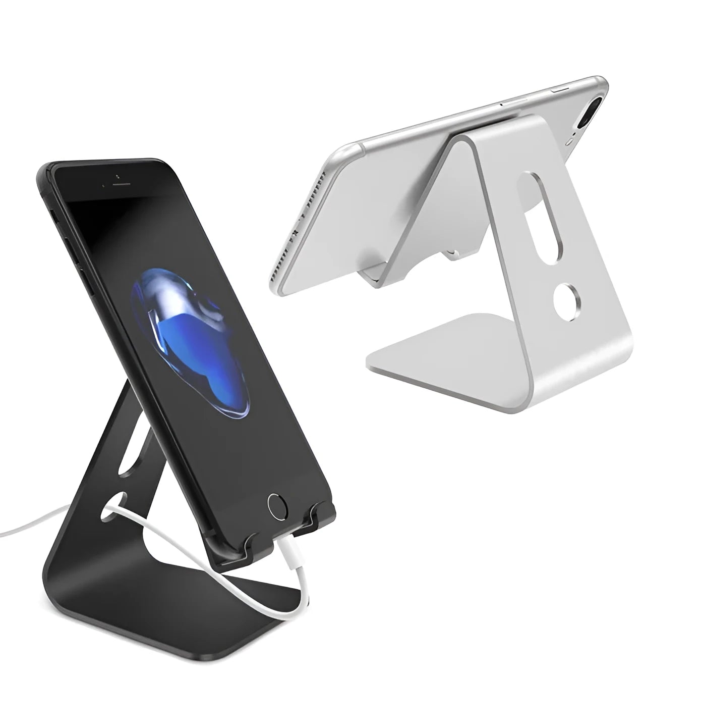 Metal universal phone and tablet stand in black, red, rose gold, and silver colours on a wooden table
