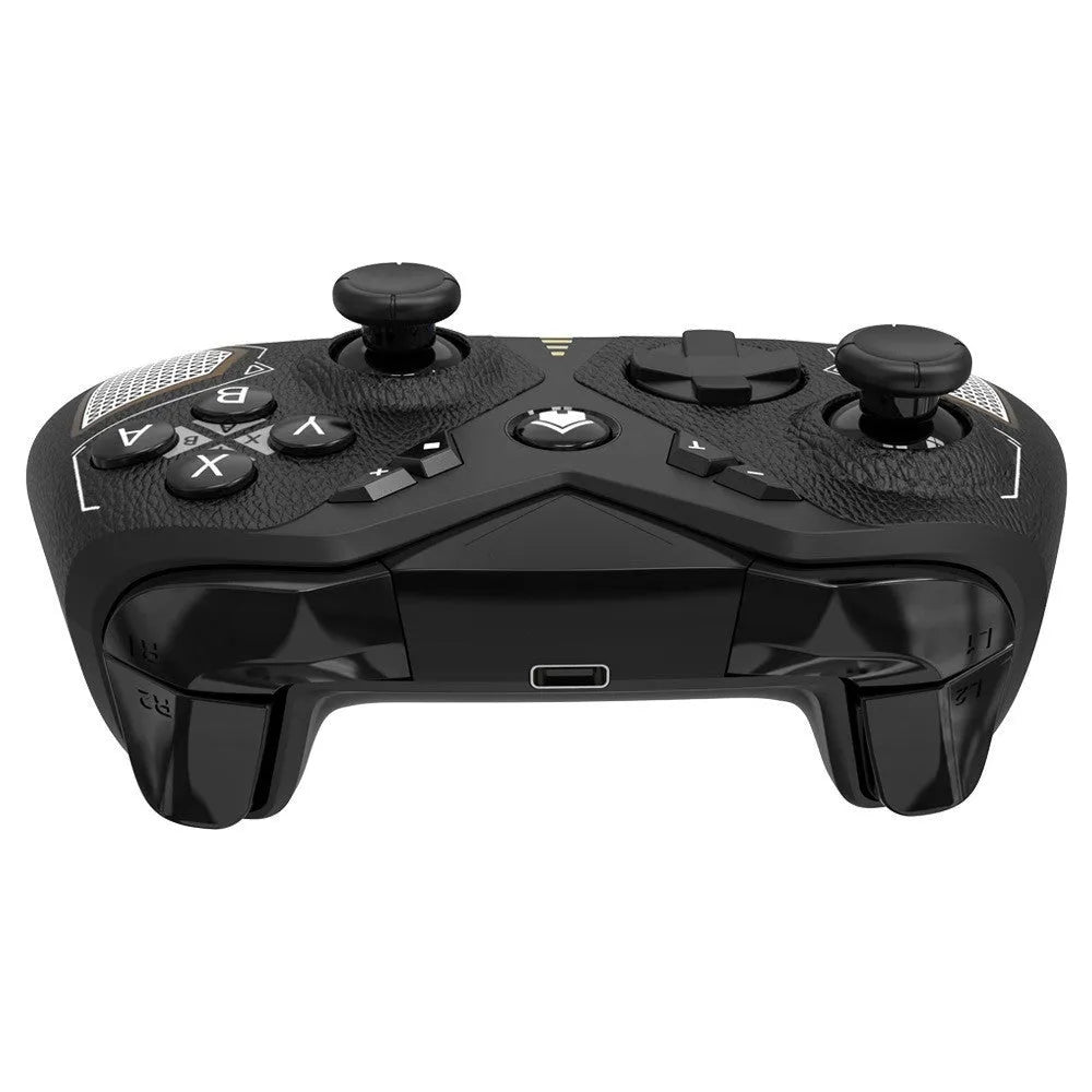 Black wireless Bluetooth game controller with leather-pattern finish for Nintendo Switch and mobile phones