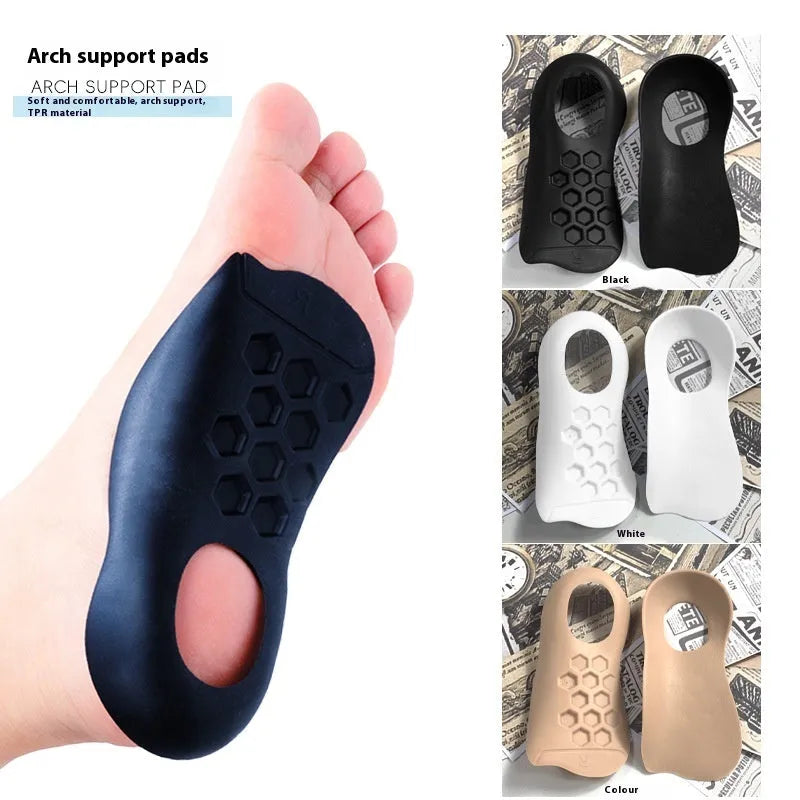 TPR arch support varus correction insole in white, black, and skin colour, showing size S and L.