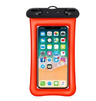 Orange double airbag waterproof phone pouch with a 45cm black rope on a blue background.