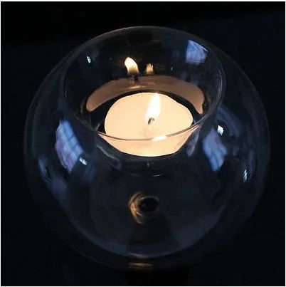 Handmade hot glass round hollow candle holder table in transparent glass with 8cm, 10cm, and 12cm diameter options