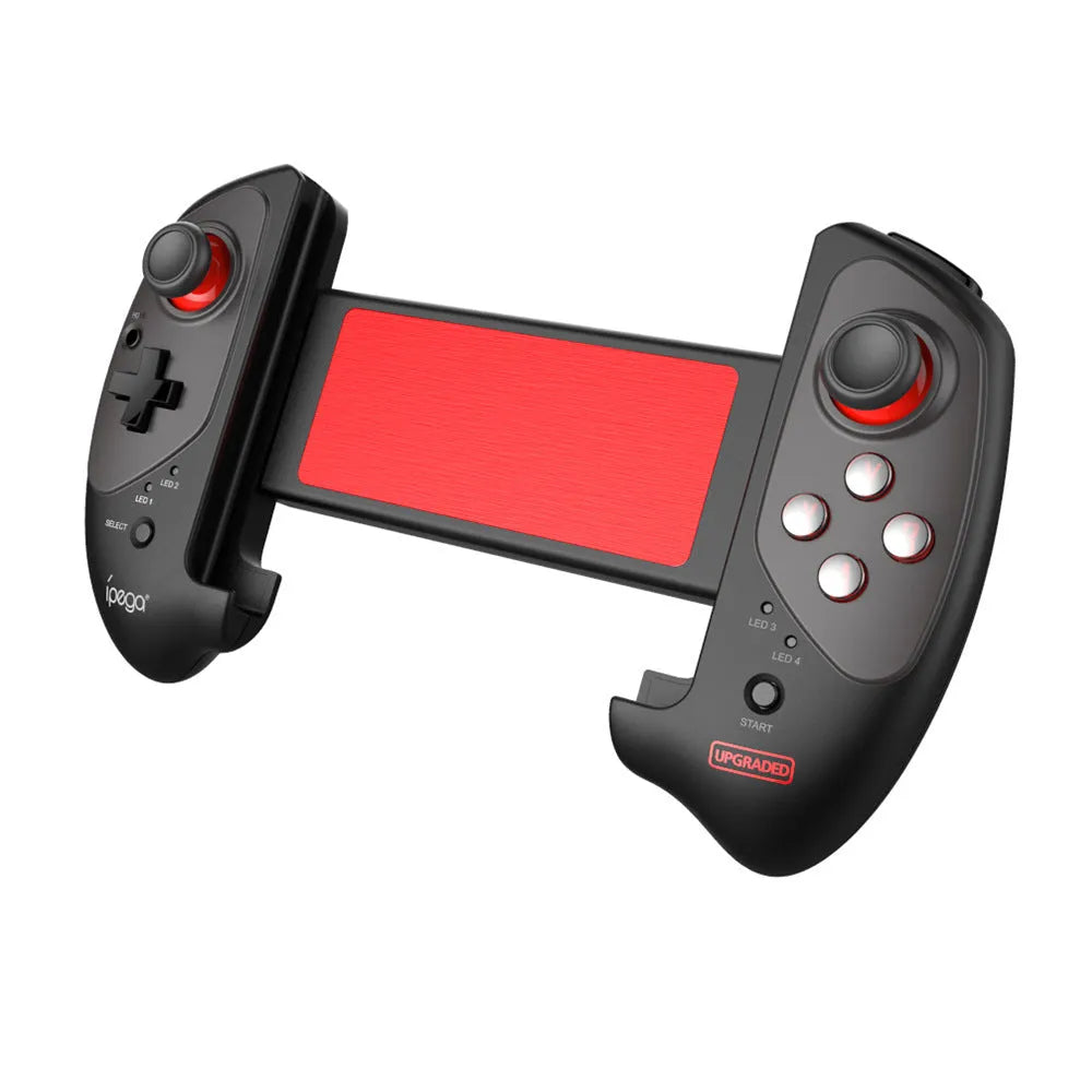 Red telescopic gamepad controller extended to hold mobile device with USB cable