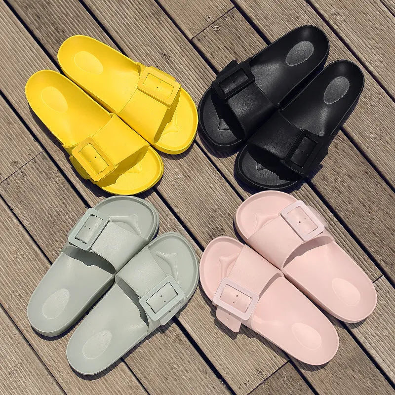 Women's grey blue buckle closure flip-flop slippers with soft EVA sole
