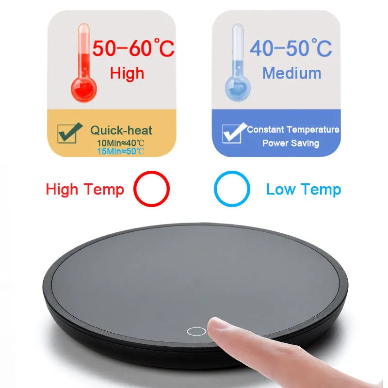 Black coffee mug warmer with dual temperature buttons and 12 cm heating plate