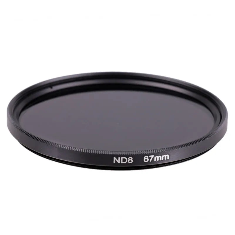 ND8 camera lens filter with aviation aluminium frame shown next to a camera lens