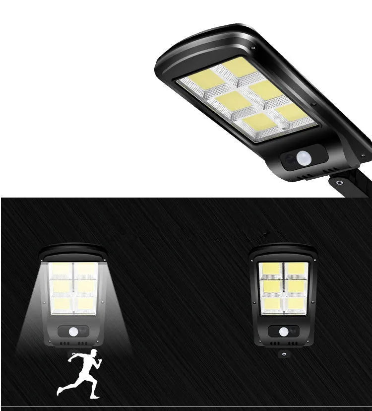 Black solar powered motion sensor street light for outdoor security with PIR sensor