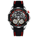 Automatic mechanical men's watch with hollow skeleton dial showing internal gears, available in red or blue with luminous hands