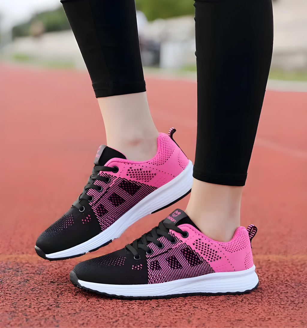 Women's breathable mesh sports shoes in black, pink or rose red with flat heel and MD sole, sizes EU 35-39