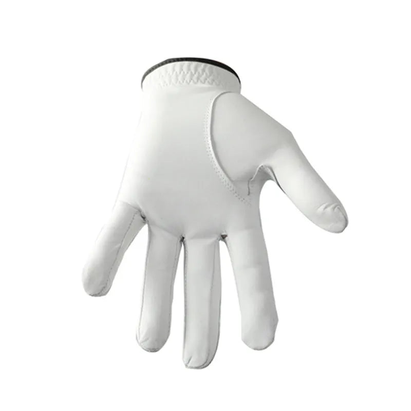 Men's white half sheepskin leather golf glove showing non-slip palm detail