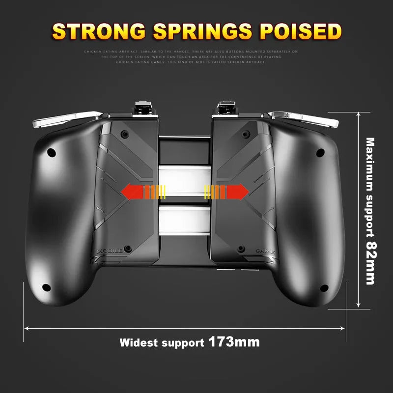 Adjustable mobile game controller handle showing telescopic arm extended with smartphone inserted