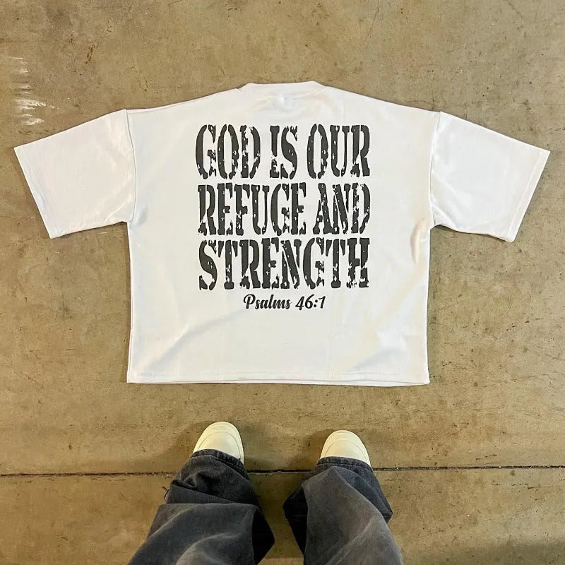 Short sleeve cotton T-shirt with a retro graphic print and drop shoulder sleeves.