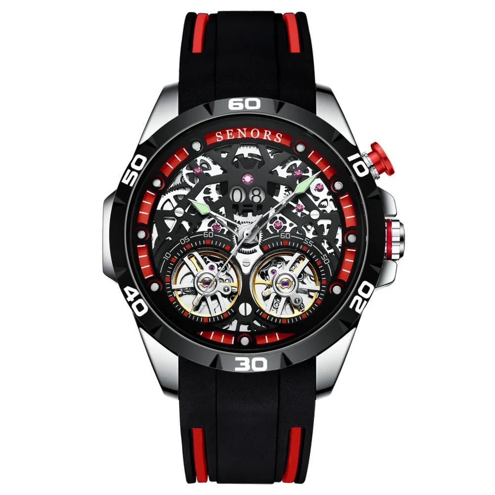 Automatic mechanical men's watch with hollow skeleton dial showing internal gears, available in red or blue with luminous hands