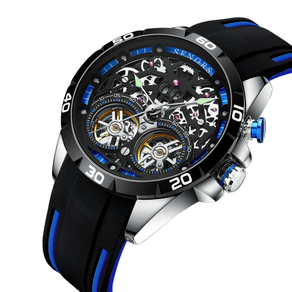 Automatic mechanical men's watch with hollow skeleton dial showing internal gears, available in red or blue with luminous hands