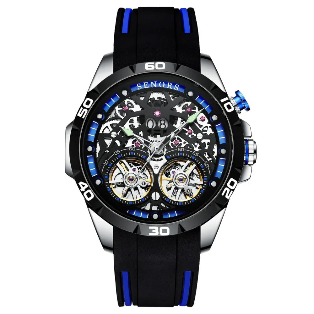 Automatic mechanical men's watch with hollow skeleton dial showing internal gears, available in red or blue with luminous hands