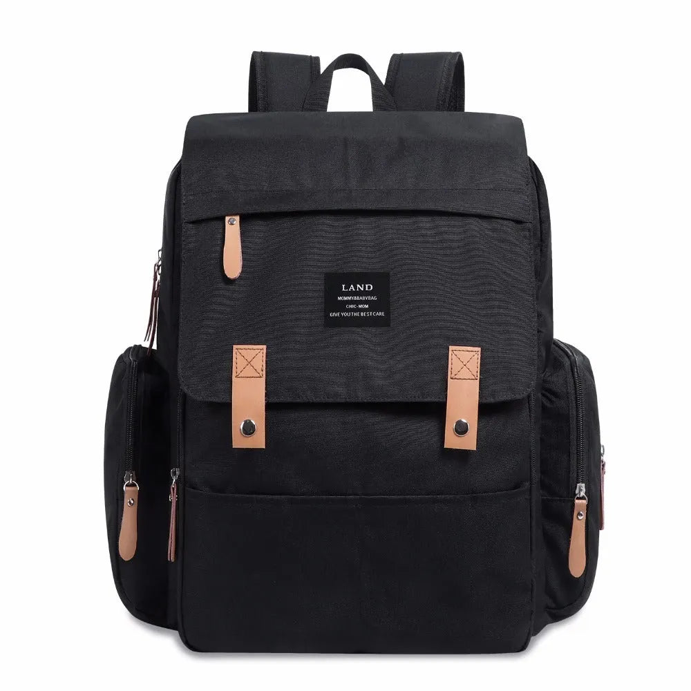 LAND grey Oxford cloth mum diaper backpack with changing mat, shown with dimensions