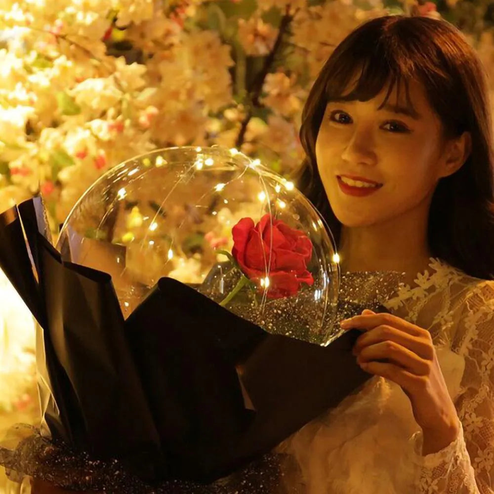 LED luminous transparent bobo balloon rose bouquet with artificial flowers and integrated lighting