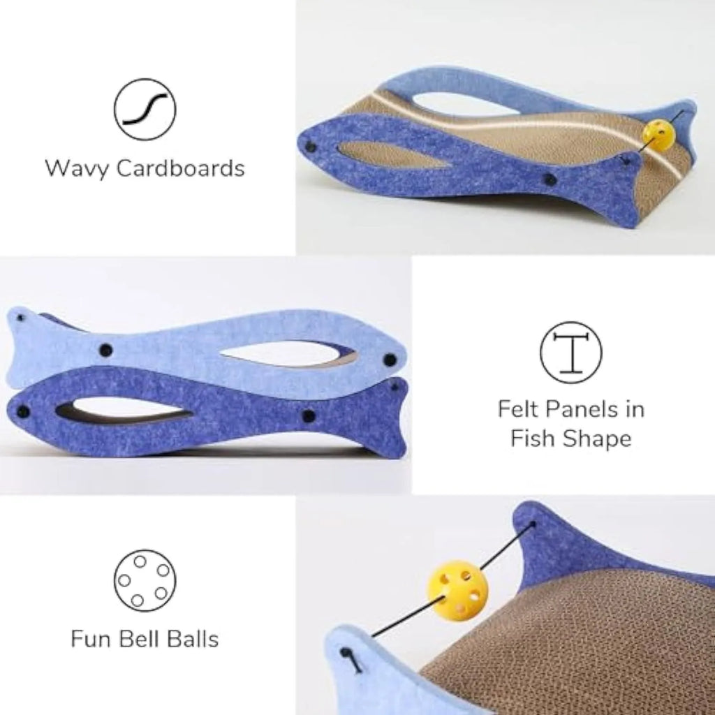 Blue fish-shaped cat scratcher cardboard lounge with bell toy and wavy surface for indoor cats
